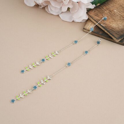 Blue Green 92.5 Sterling Silver Flower Leaf Shoulder Grazer Earrings